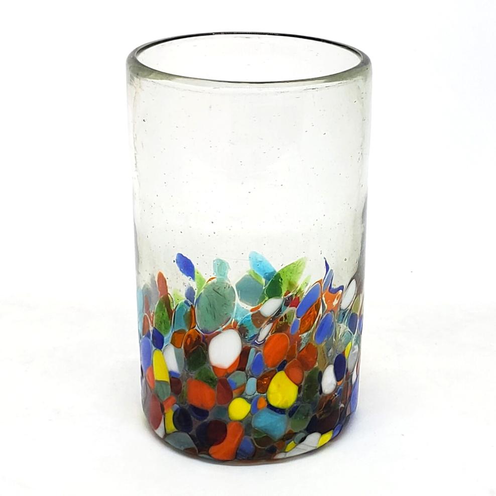 Wholesale MEXICAN GLASSWARE / Clear & Confetti 14 oz Drinking Glasses  / Our Clear & Confetti drinking glasses combine the best of two worlds: clear, thick, sturdy handcrafted glass on top, meets the colorful, festive, confetti bottom! These glasses will sure be a standout in any table setting or as a fabulous gift for your loved ones. Crafted one by one by skilled artisans in Tonala, Mexico, each glass is different from the next making them unique works of art. You'll be amazed at how they make having a simple glass of water a happier experience. Made from eco-friendly recycled glass.